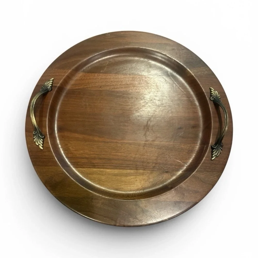 Vintage Solid Walnut Serving Tray w/ Gold Metal Handles, Brown Glossy, 15 in